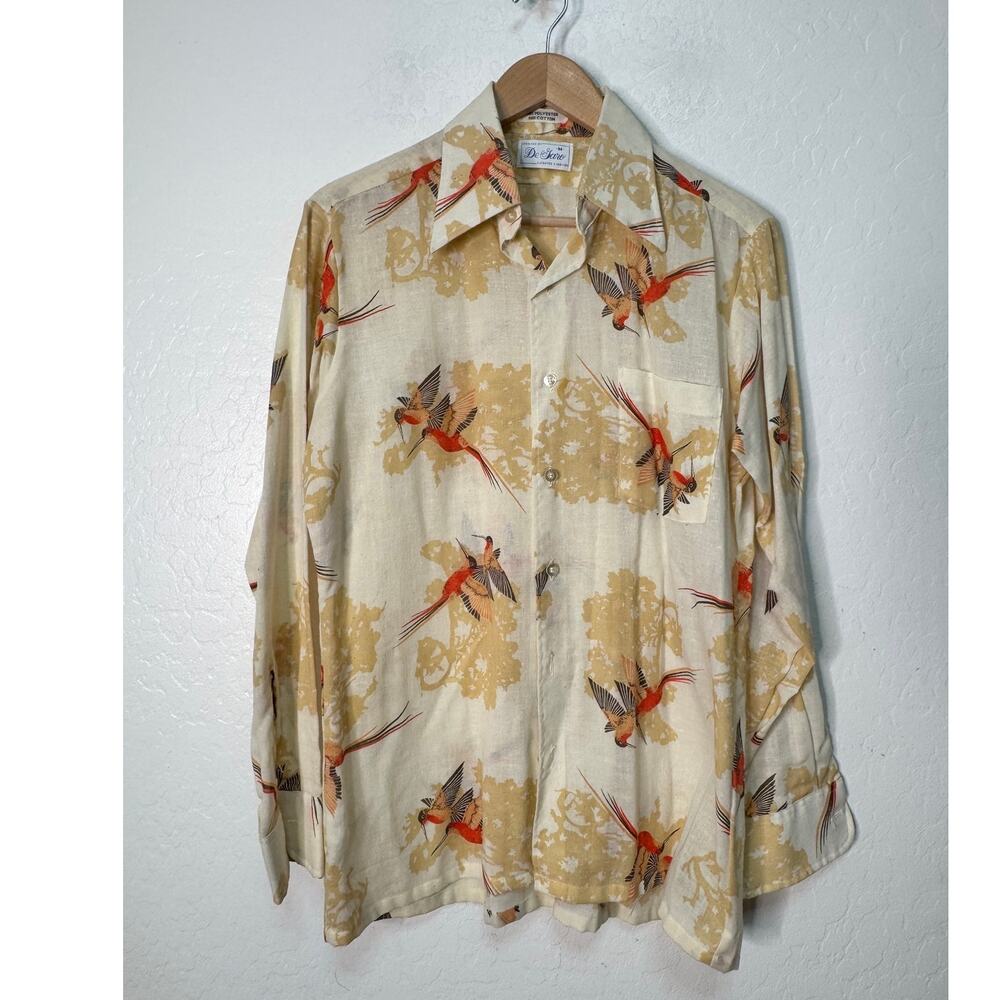 Vintage De Garo Mens Humming Bird Pointy Tapered Collar 70's  Button Shirt Med